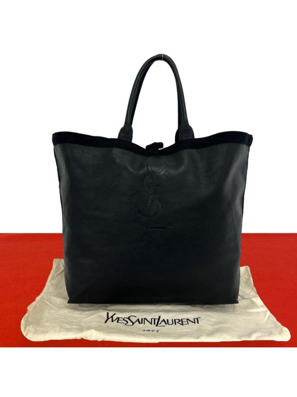 Saint Laurent YSL Logo Stamp Leather Tote Black